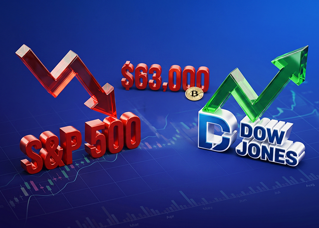 Weekly Recap and Forecast: Dow Jones surges to a new record level as the S&P500 retreats from recent highs. Bitcoin falls below $63,000